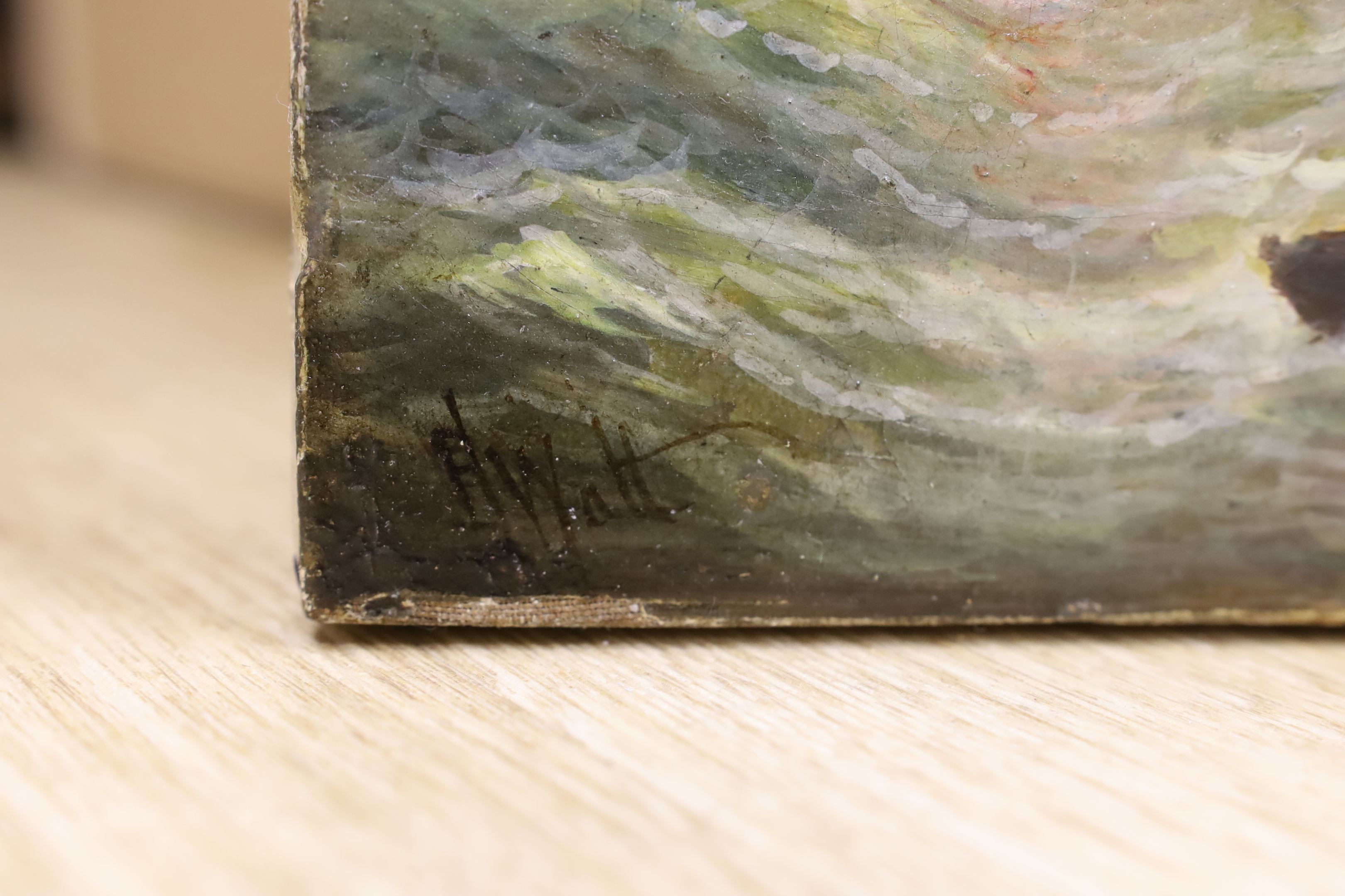 F.H. Watt, oil on canvas, Fisherman on the shore, signed, 20 x 30cm, unframed